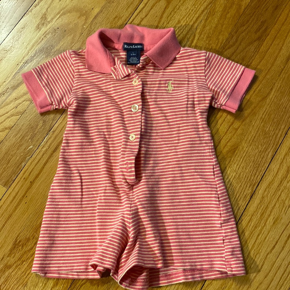 Ralph Lauren 12-18M Girl Pink and Yellow Romper. Missing a button (see last pic)